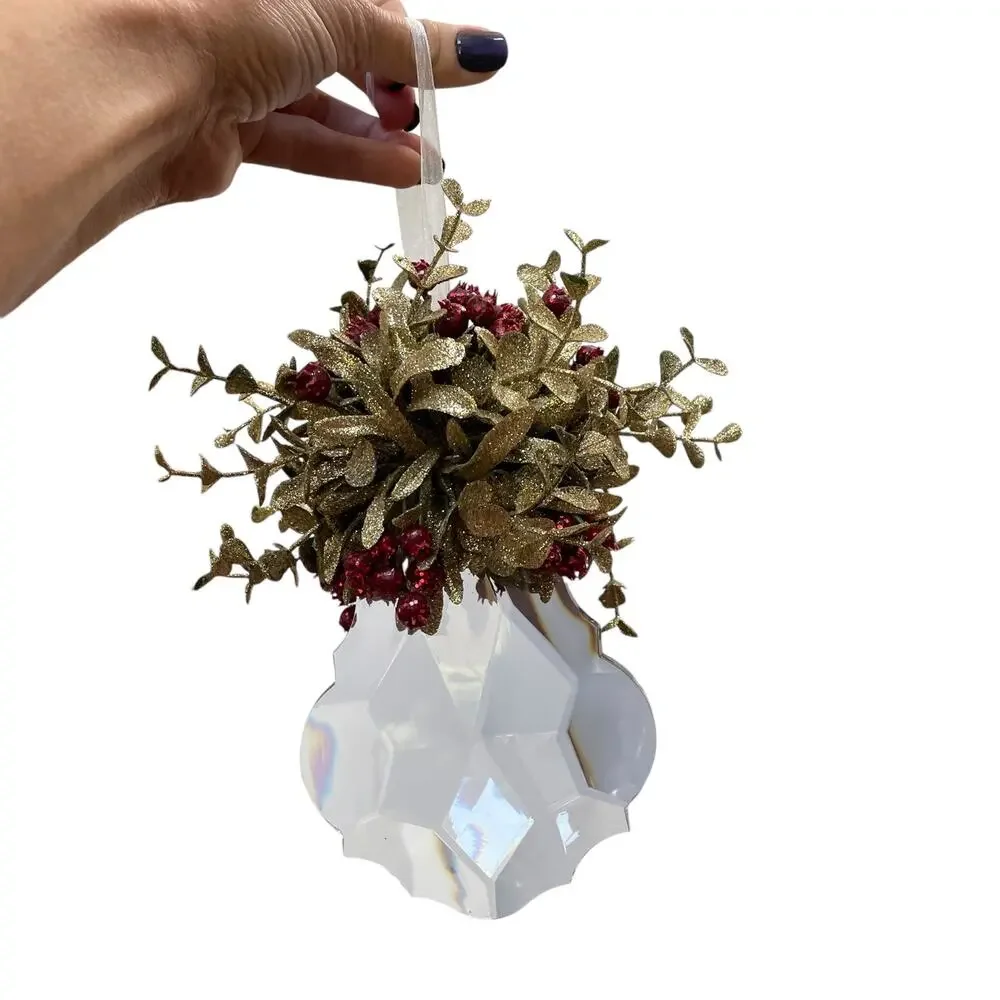 Kissing Krystals Acrylic Mistletoe Christmas Ornament Clear Green Gold Red Berry